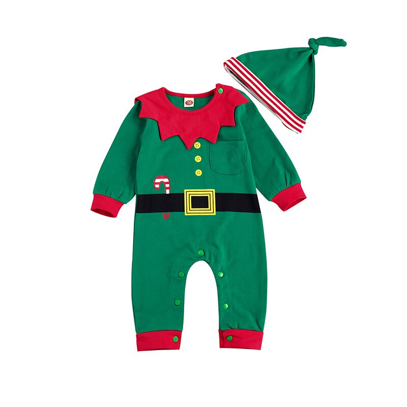 Toddler Baby's Clothes Girl Boy Elf New Year Christmas Costume Jumpsuit Hat 2 Pieces Xmas Dress Outfit Infant Kids Rompers