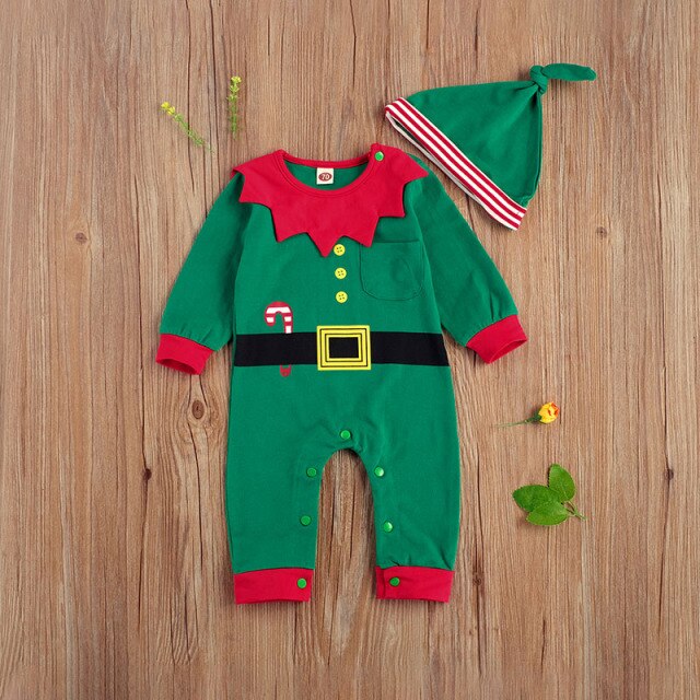 Toddler Baby's Clothes Girl Boy Elf New Year Christmas Costume Jumpsuit Hat 2 Pieces Xmas Dress Outfit Infant Kids Rompers