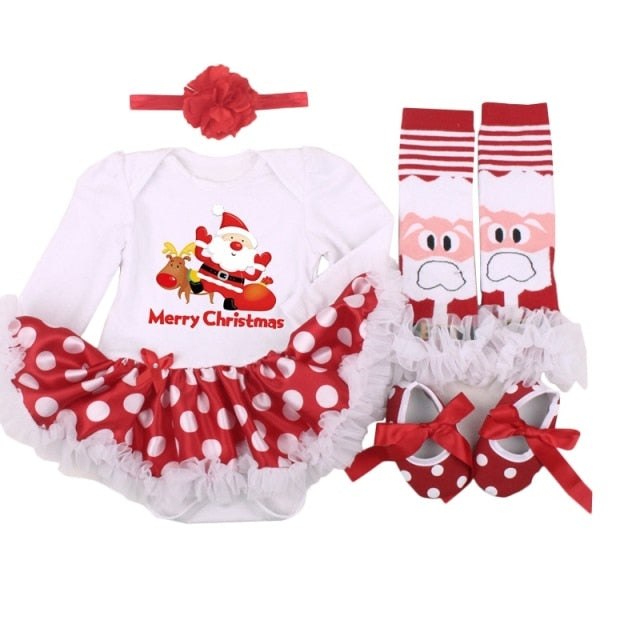 Christmas Gift Newborn Clothing Set Baby Girls Dress Cotton Mesh Ruffles Girl Christening Gowns 4pcs 1st Christmas Dress Set