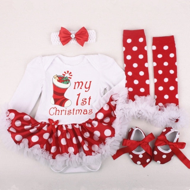 Christmas Gift Newborn Clothing Set Baby Girls Dress Cotton Mesh Ruffles Girl Christening Gowns 4pcs 1st Christmas Dress Set